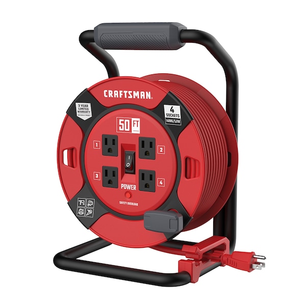 Craftsman Cord Reel With Hand Lamp, Hand Operated, 14 AWG, Red Reel Color, 50 ft Length, 4 Outlets CMXCRPA1450 - main